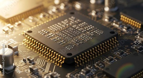 Fototapeta Macro Close-Up of Microchip on Circuit Board