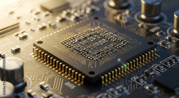 Fototapeta Macro Close-Up of Microchip on Circuit Board