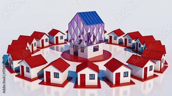 Obraz 3d illustration of small houses surrounding central modern home concept