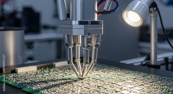 Fototapeta Robotic Arm Assembling Electronic Components