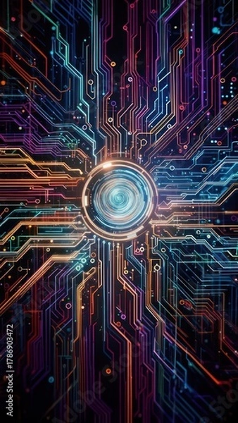 Obraz Intricate circuit design with glowing central lens