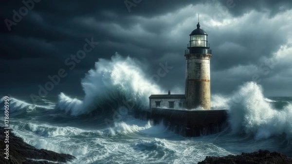 Obraz Lighthouse on rocky coast during stormy weather