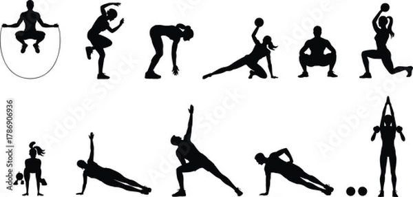 Obraz Silhouette illustration of people doing fitness exercises and workout training with dumbbells and ropes representing strength, health, gym, and active lifestyle