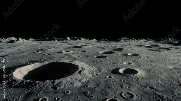 Obraz Lunar surface with craters and distant mountains