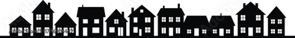 Fototapeta Silhouette row of suburban houses with diverse rooftops, windows, and doors in minimalist residential neighborhood street vector illustration design