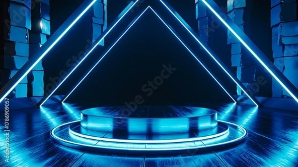 Fototapeta Futuristic blue neon triangular stage with glowing lights and reflections