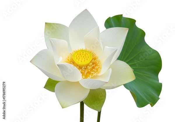 Fototapeta Beautiful white lotus flower with vibrant yellow center isolated on transparent background