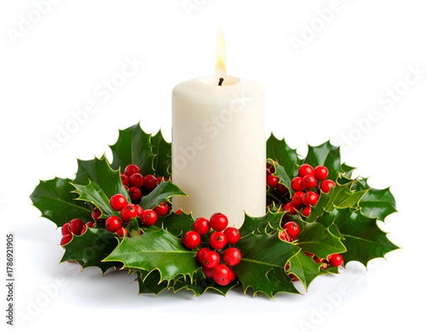 Obraz Christmas Advent Festive Candle with Holly and Red Berries for Holiday Season