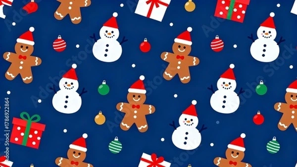 Obraz Christmas pattern with snowmen and gingerbread