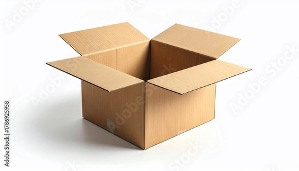 Fototapeta Open cardboard box with flaps unfolded, isolated on a white backdrop for a visual concept