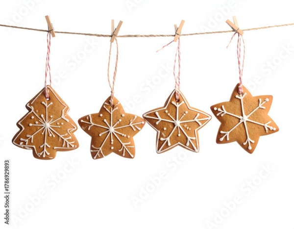 Fototapeta Festive Gingerbread Cookies Star, Snowflake, and Tree Shapes, Christmas Holiday Treats Hanging Isolated on White