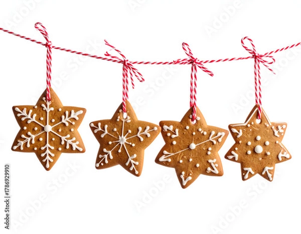 Obraz Festive Gingerbread Star Cookies Adorned with Festive Strings for Christmas Holiday Cheer