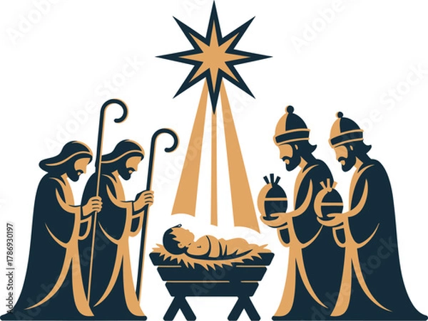 Obraz Nativity scene illustration with religious symbols and figures