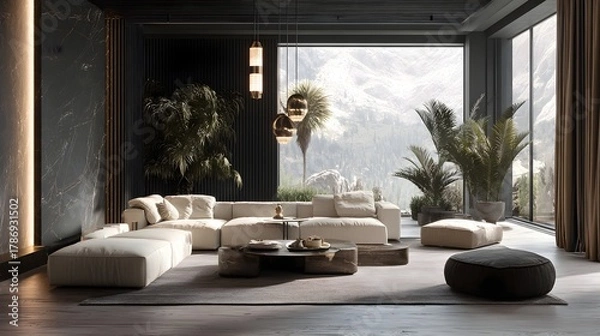 Fototapeta Modern Living Room Minimalist Alabaster Japandi Italian Style Vibrant Accents Crisp Details Elegant Design Luxurious Ambiance Sophisticated Appeal (AI-Generated)