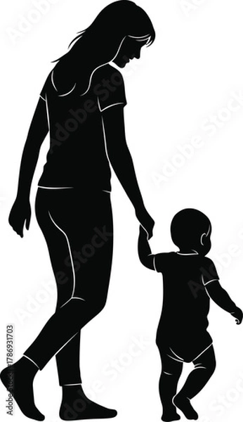 Fototapeta Mother and Baby Walking Together Black & White Silhouette Vector Art