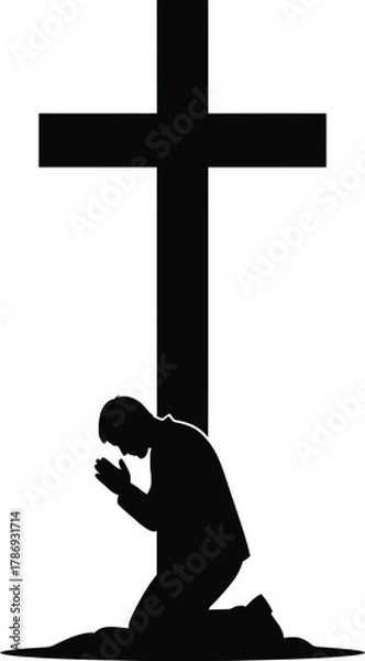 Fototapeta Man Praying Under Cross Black & White Silhouette Vector Art