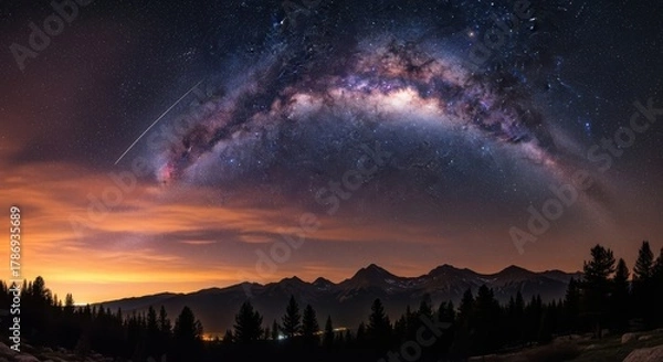 Fototapeta Bright blue celestial halo ring shining night sky above forest trees