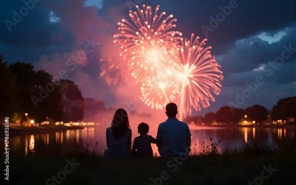Fototapeta a family watches the fireworks on the fourth of July on some grass. High quality
