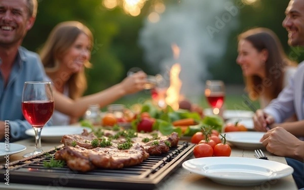 Fototapeta Backyard dinner table have a tasty grilled BBQ meat, Salads and wine with happy joyful people on background. High quality