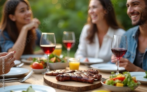 Fototapeta Backyard dinner table have a tasty grilled BBQ meat, Salads and wine with happy joyful people on background. High quality