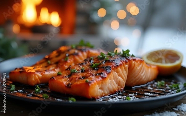 Fototapeta Grilled salmon bbq in cozy winter wonderland with festive lights. High quality