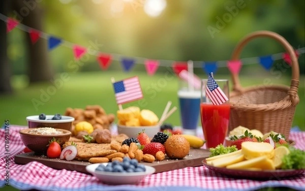 Fototapeta joyful Fourth of July picnic scene featuring delicious food, vibrant colors, and festive decorations, perfect for celebrating with family. High quality
