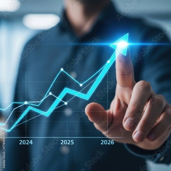 Fototapeta Hand touching glowing business chart showing growth and success into the future years 2024 2025 2026