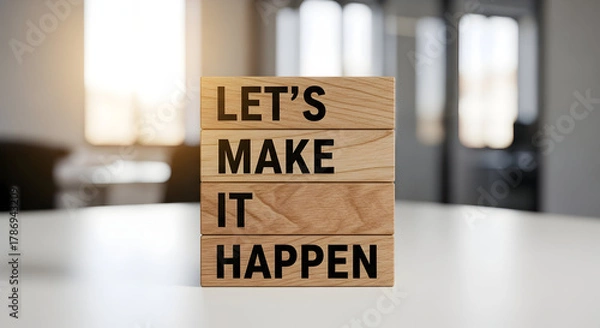 Fototapeta Let's make it happen! Wooden blocks inspire action, perfect for motivational content, business goals, and achieving success together