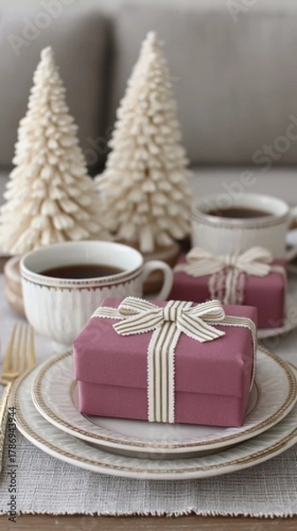 Fototapeta Holiday table decorated with wrapped presents, white decorative trees, and steaming mugs of coffee for a cozy winter celebration