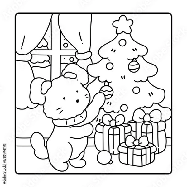 Fototapeta Happy Christmas Coloring Pages, Bold and Easy Cozy Winter Coloring Pages, Christmas Coloring Book Pages, Kids, Adults, Teens, Black and white Drawing, Line Art, Vector Illustration, bold and easy,