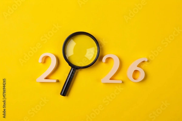 Fototapeta Creative 2026 New Year's Resolutions Concept With Magnifying Glass On Bright Yellow Background. 3d rendering.