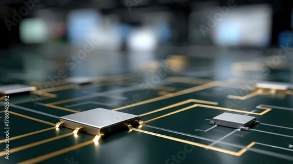 Fototapeta Futuristic Circuit Board Focused on Microchip Technology