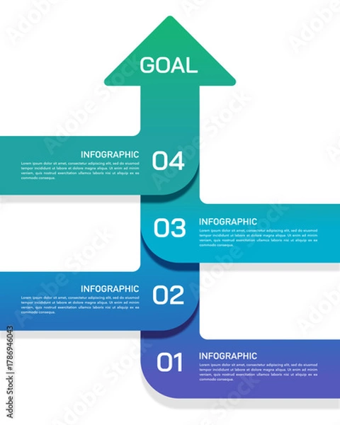 Fototapeta 4 Steps Vertical Upward Arrow Business Process Infographic Design with Goal Header. Vector illustration.