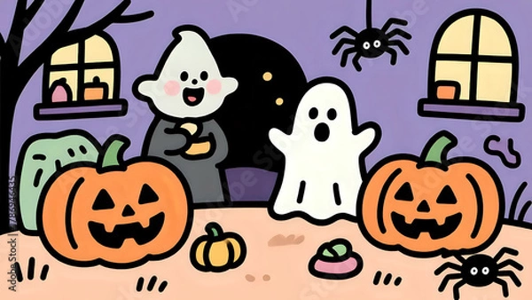 Obraz Playful Halloween Night With Friendly Ghost And Pumpkins