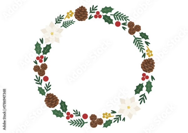 Fototapeta 白いポインセチアと木の実をあしらったフレーム風リース/落ち着いた雰囲気のナチュラルデザイン