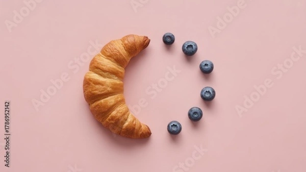 Obraz Delicious croissant with fresh blueberries on a pastel pink background, perfect for a light breakfast or snack concept, elegant culinary flat lay