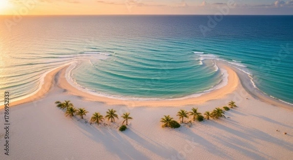 Fototapeta Stunning aerial view of vibrant turquoise ocean waves washing onto a perfect white sand beach dotted with palm trees during a magical tropical sunset escape