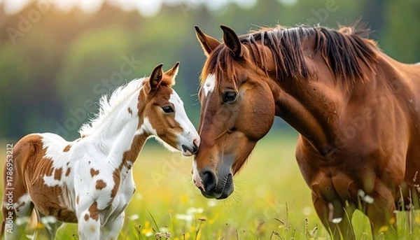 Fototapeta A tender moment captured: Mare and foal share a gentle connection in a sunlit meadow
