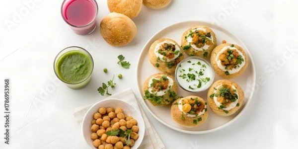 Fototapeta aloo tikki chaat with yogurt drizzle, golgappa pani puri filled with colored water shots, paratha rolls stacked