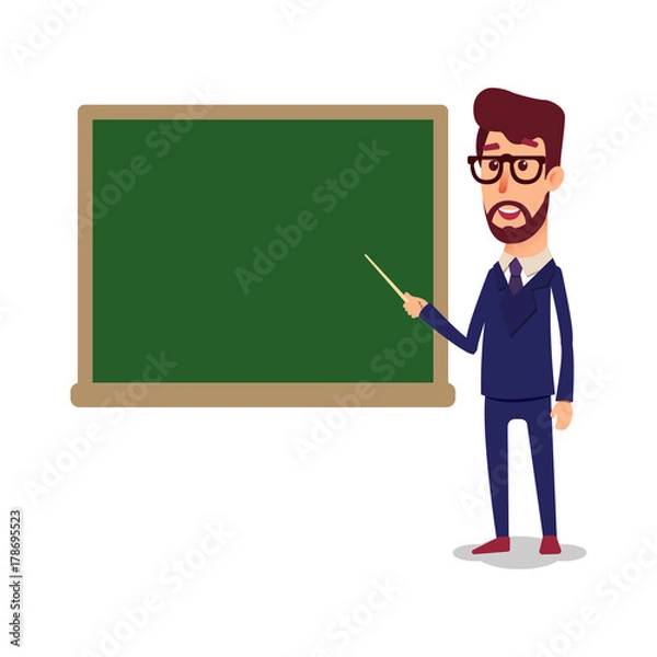 Fototapeta The teacher in the classroom near the blackboard is teaching a lesson. A young professor at the university is giving a lecture. A man with a beard with a pointer teaches