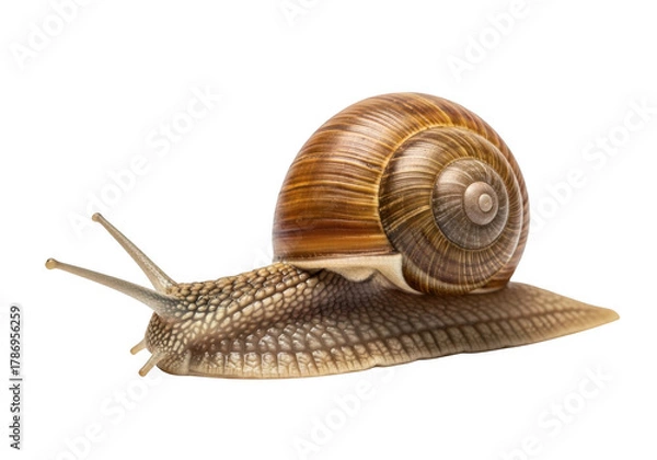 Fototapeta Detailed close up of a garden snail with a spiraled shell isolated on transparent background