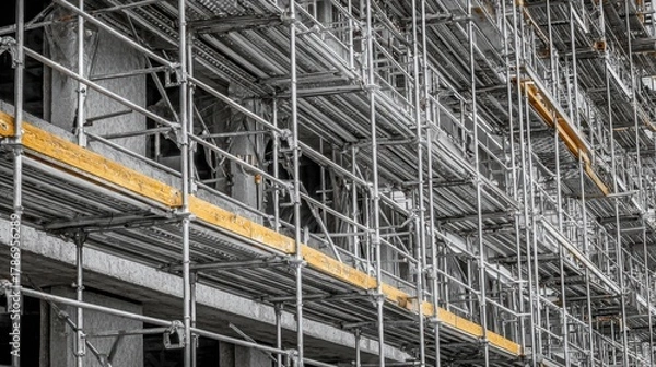 Fototapeta Industrial scaffolding structure with metal frames and wooden planks in a construction zone highlighting safety and building processes in urban environment