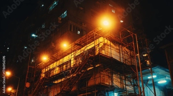 Fototapeta Construction site at night with illuminated scaffolding against a dark urban backdrop showcasing the hustle of city development and renovation efforts