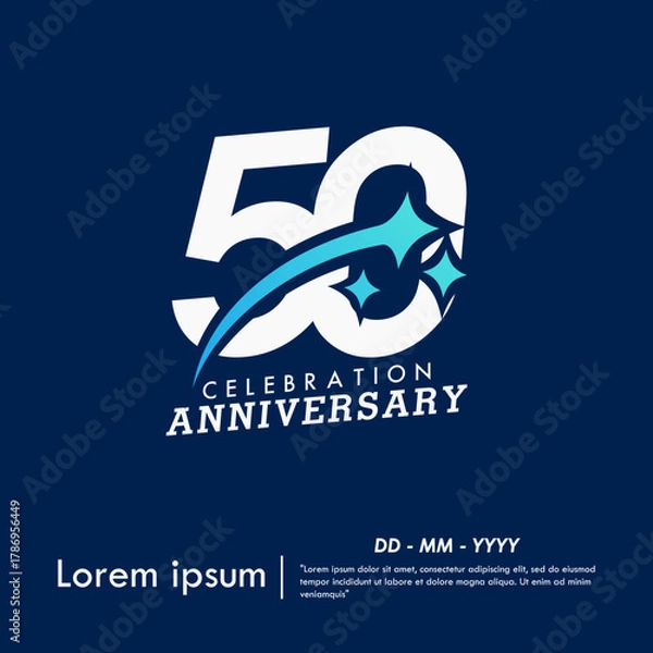 Obraz 50th years anniversary celebration emblem. anniversary logo with sparkle stars on blue background. vector illustration template design for web banner
