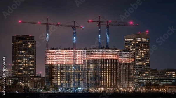 Fototapeta Nighttime Construction with Tower Cranes and Illuminated Buildings in Urban Setting Capturing Modern City Development and Vibrant Skyscrapers