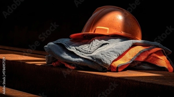Fototapeta Safety Gear Arrangement on Wooden Plank Highlighting Hard Hat and Work Clothes in Dim Light for Construction and Workplace Settings