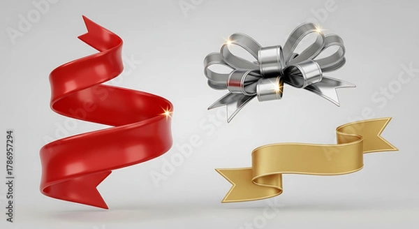 Obraz Red, gold, and silver ribbons and bows