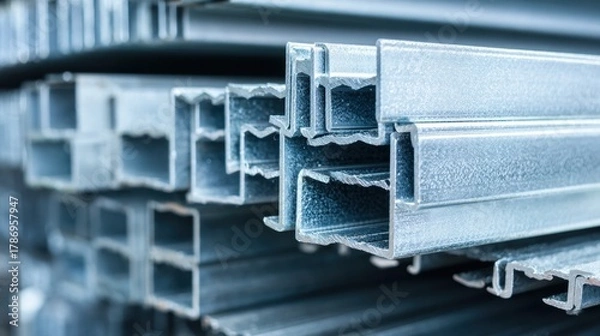 Obraz Close-Up View of Stacked Galvanized Steel Profiles Showcasing Modern Industrial Design and Metal Engineering Techniques in Construction Projects