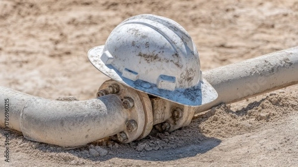 Obraz White Hard Hat Resting on Industrial Pipe in Sandy Environment, Construction Site, Safety Equipment, Engineering Background, Machinery in Operation