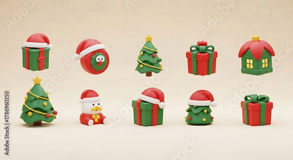 Fototapeta Collection of cute christmas themed 3d rendered objects including gifts trees snowman and house